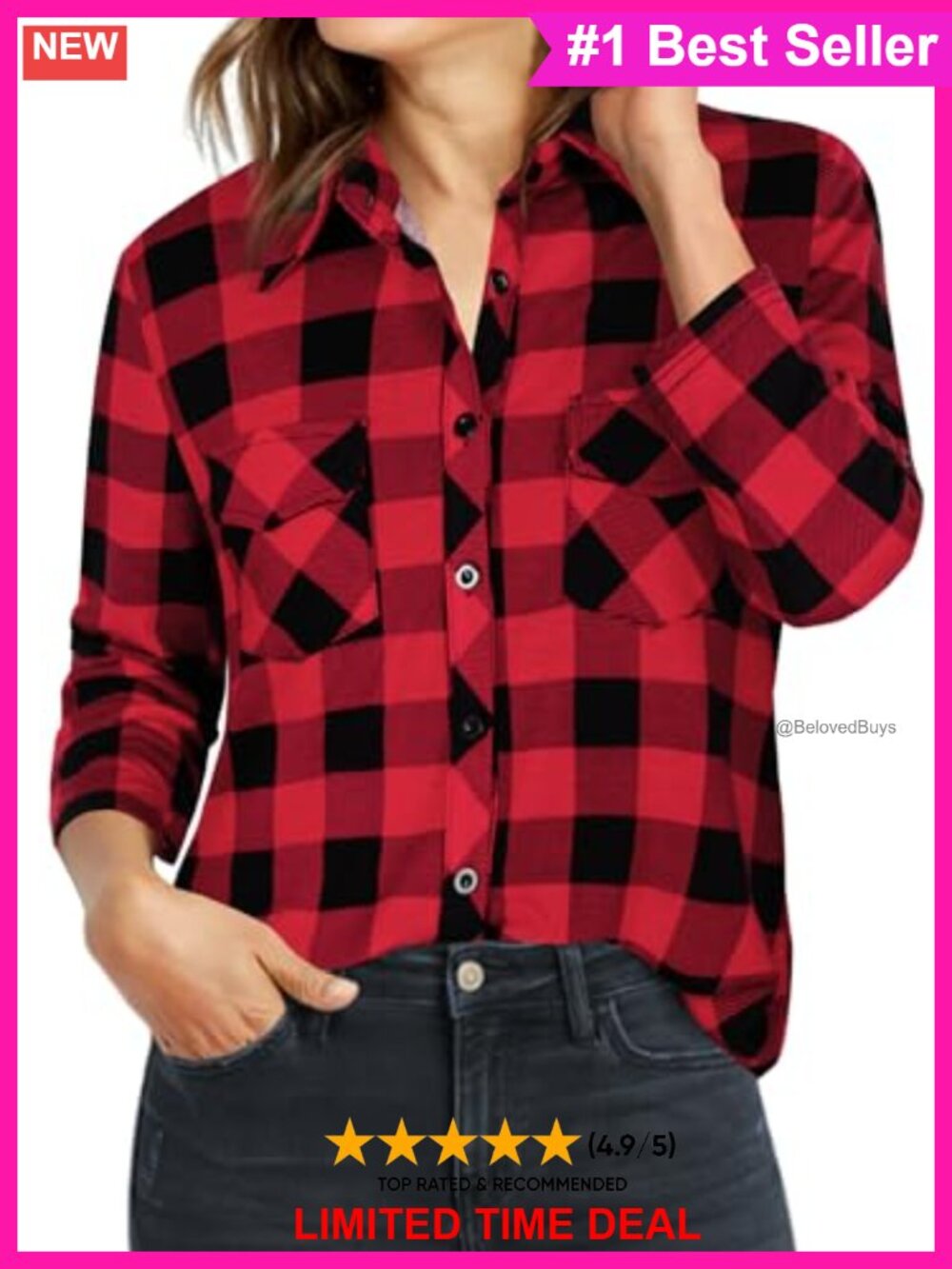 Women's Plaid Button Down Shirt 3/4 Sleeve Collared Tunic Blouse